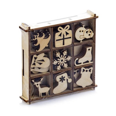 Набор новогодних украшений малый для творчества 36 деталей в деревянном органайзере